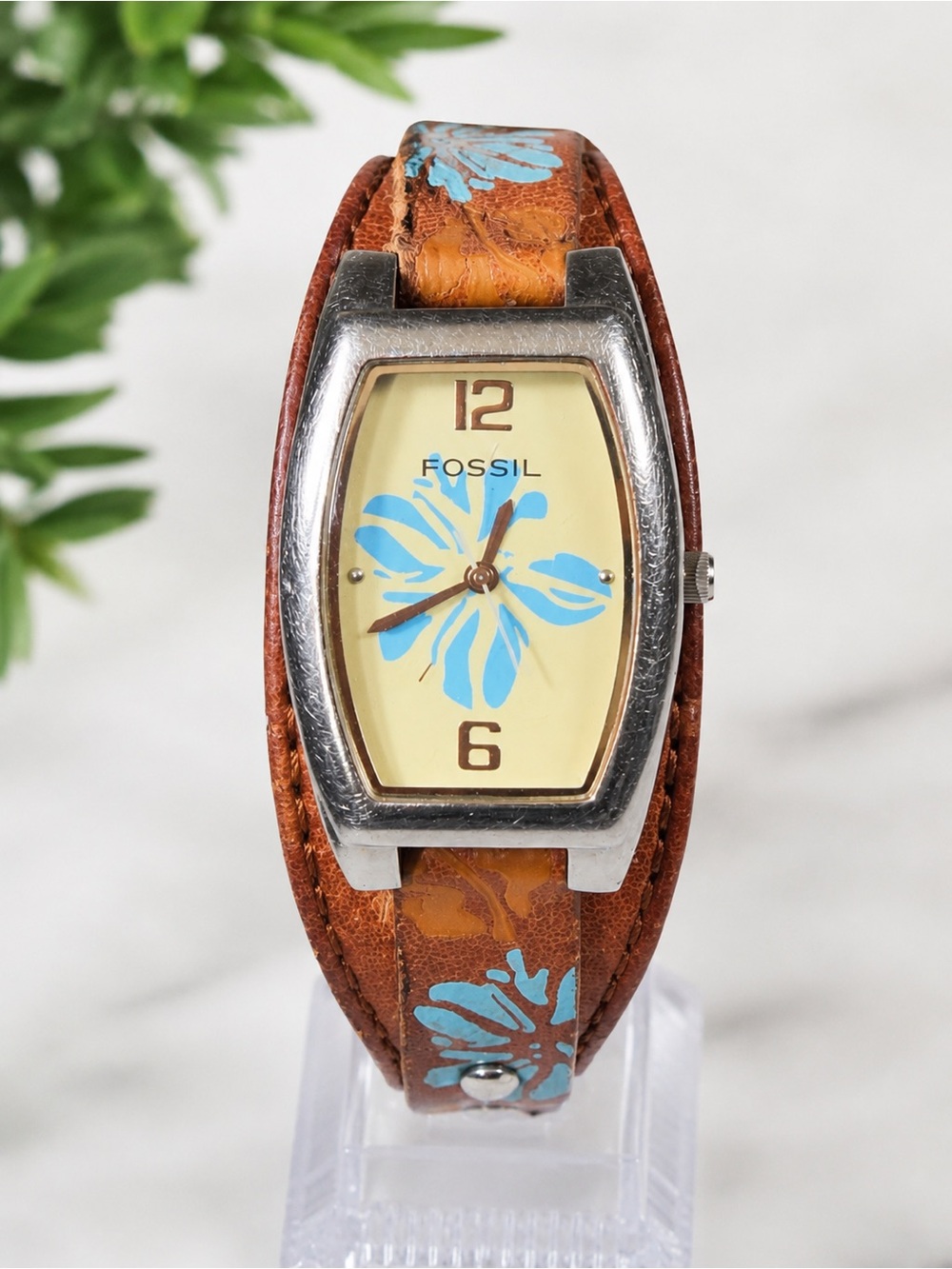 Fossil Floral Leather Cuff Watch - Blue & Brown New Battery Works
